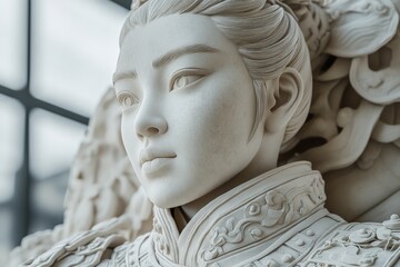 Poster - Detailed sculpture of a serene figure with intricate features displayed in a modern art gallery setting