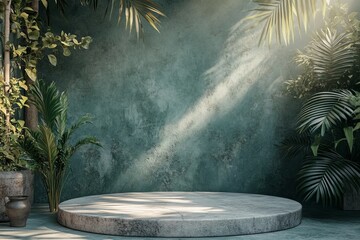Poster - Sunlight streaming through green leaves onto an outdoor stage surrounded by tropical plants in a serene atmosphere