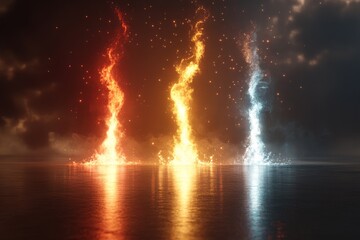 Poster - Colorful flames and water elements rise from the surface of a tranquil lake under a dark sky during twilight