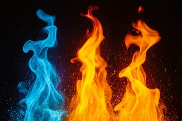 Poster - Colorful flames dance dynamically in the dark, blending shades of blue, orange, and yellow against a black backdrop