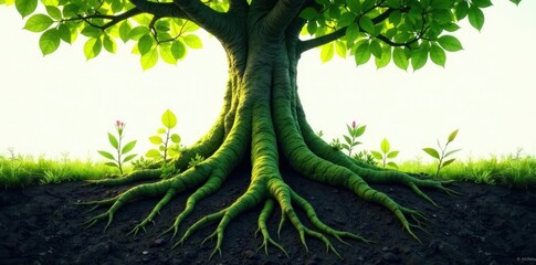 Wall Mural - roots of a tree spreading out across the ground, fauna, plants, moss