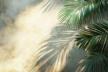 Poster - Capture of light and shadow through tropical palm leaves on a textured wall during afternoon sunlight