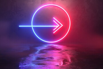 Poster - Neon arrow and circle design illuminating wet surface in a darkened room at night