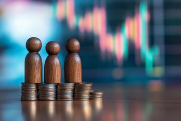 Aufkleber - Wooden figurines atop coin stacks symbolize investment growth and financial progress in a market environment