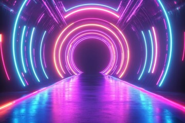 Poster - Bright neon tunnel with colorful lights creating a futuristic atmosphere at night