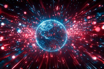 Aufkleber - Vibrant cosmic explosion illustrating the Earth surrounded by colorful light rays and particles