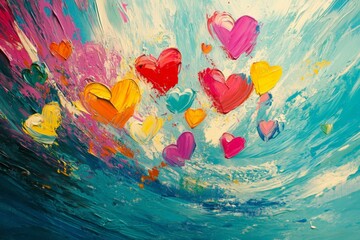 Aufkleber - Colorful hearts float in a vibrant ocean of swirling blue paint expressing emotions and creativity