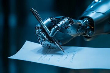 Poster - Robotic hand holds pen while writing notes in a futuristic workspace setting