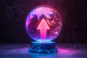 Fototapete - Glowing globe with upward arrow symbolizes innovation and progress in technology and data