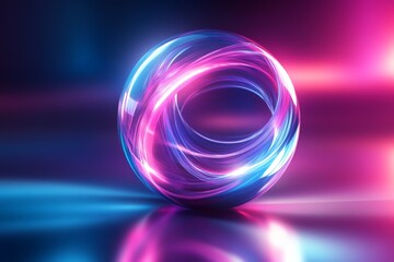 Fototapete - Colorful swirling light orb glows brightly in a dark setting with dynamic reflections during a creative visual display
