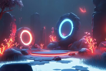 Poster - Vibrant mystical portal scene in a serene landscape with glowing elements at night