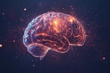 Aufkleber - Brightly lit abstract brain design floating in a cosmic background with sparkles and light trails