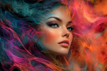 Poster - Stunning portrait of a woman with vibrant swirling colors and ethereal effects in a creative artistic display
