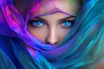 Leinwandbilder - Bright eyes shine through colorful fabric in captivating portrait of a woman displaying intense emotions