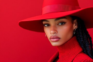 Poster - Model poses against a vibrant red background wearing a bold red hat and matching sweater, showcasing striking features and elegance