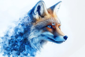 Aufkleber - Stylized fox illustration with blue geometric patterns and vibrant colors portraying a serene expression