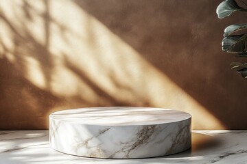 Leinwandbilder - Elegant marble display pedestal with soft sunlight and shadows in an interior setting