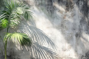 Poster - Green palm leaves cast shadows on a weathered wall in bright sunlight during the day