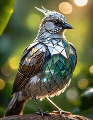 a bird with iridescent, scale-like plumage perches on a branch. soft bokeh lights illuminate a lush 