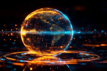 Poster - Visual representation of a glowing globe with dynamic lights against a dark backdrop showcasing connectivity and technology