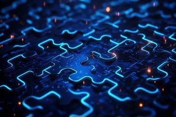 Poster - Digital puzzle pieces with glowing edges on a circuit board background create an intricate technology design