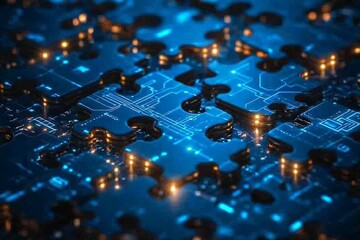 Fototapete - Digital puzzle pieces illuminated by glowing circuits and technology motifs