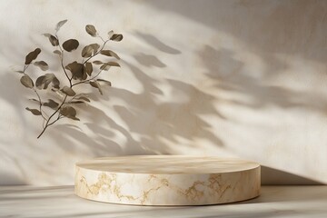 Poster - Display podium with elegant marble texture and botanical shadows in a softly lit room