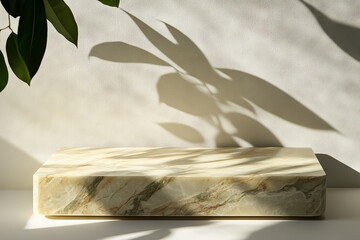Fototapete - Elegant marble display with soft shadows cast by foliage in a bright indoor setting