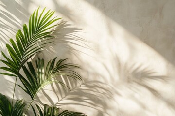 Leinwandbilder - Bright sunlight casts shadows of lush green palm leaves on a textured wall during the afternoon