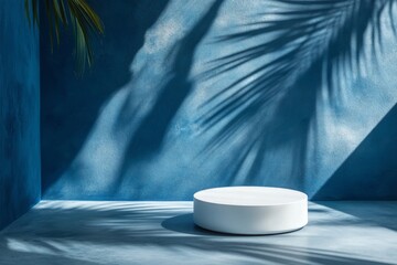 Aufkleber - Modern minimalist interior with blue walls and dramatic shadows from palm leaves during daylight