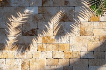 Fototapete - Natural sunlight casts shadows of palm leaves on a textured stone wall in a tranquil outdoor setting at midday