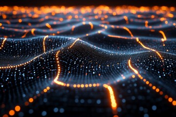 Poster - Digital landscape with glowing dots creating wave patterns in a futuristic setting
