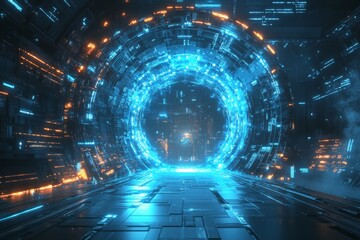 Poster - Exploring a futuristic portal with glowing blue and orange lights in a high-tech environment