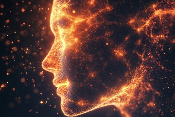 Fototapete - Illuminated silhouette of a human face composed of sparkling particles against a dark backdrop