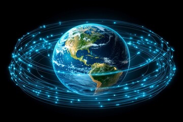 Fototapete - Digital representation of Earth surrounded by glowing data streams symbolizing global connectivity and technology advancements