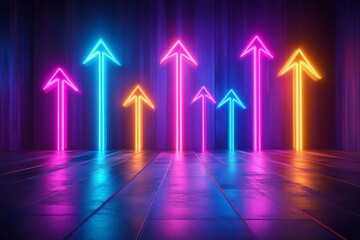 Poster - Neon arrows pointing upward create a vibrant display in a darkened space during a lively event at night