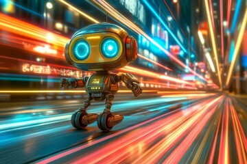 Poster - Cute robot character moving quickly through a vibrant cityscape at night among colorful light trails