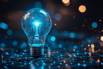 Aufkleber - Bright blue light bulb glowing above a network of shimmering lights at night