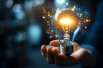 Aufkleber - Bright light bulb surrounded by glowing connections in a hand highlighting innovation and creativity