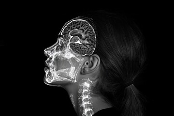 Aufkleber - Human anatomy illustration highlighting brain, skull, and neck structures in a monochromatic design