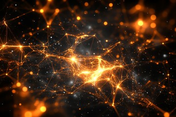 Poster - Dynamic network of glowing particles creating an abstract cosmic landscape in dark space environment