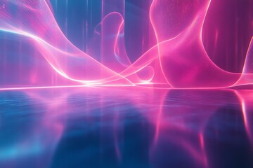 Fototapete - Vibrant abstract waves of pink and blue light dance above a reflective surface in a futuristic environment