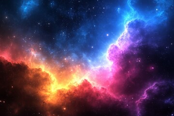 Poster - Vibrant cosmic nebula with swirling colors and star-filled sky in deep space