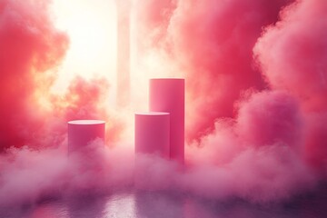 Poster - Abstract composition featuring pink cylindrical shapes amidst colorful fog and soft lighting