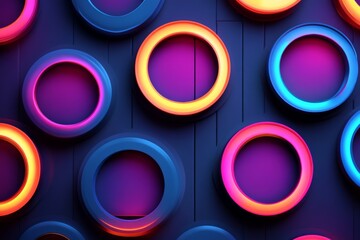 Fototapete - Neon rings of various colors create a vibrant and energetic wall design in a modern interior setting