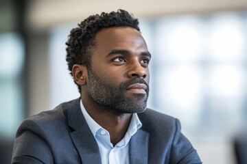 Poster - Professional man thoughtfully considering ideas during a meeting in a modern office environment in the afternoon