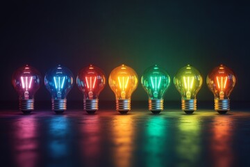 Poster - Colorful light bulbs arranged in a row showcasing various hues shining in a dark environment
