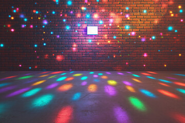 Wall Mural - empty disco scene background, old brick wall. neon square figure in the center of the scene, empty s