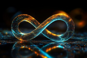 Poster - Colorful infinity symbol glows against a dark background with sparkling elements in a captivating display of light