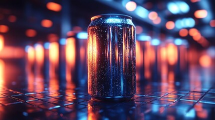 Poster - A reflective can of beverage stands alone against a backdrop of shimmering lights in a contemporary industrial environment. The atmosphere is vibrant with an array of colors.